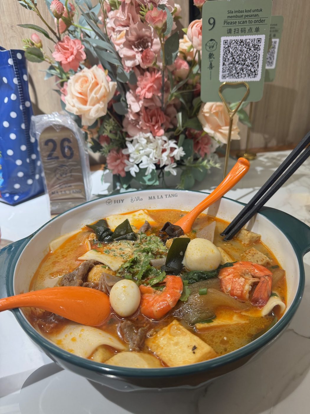 Mala tang bowl with pink flowers